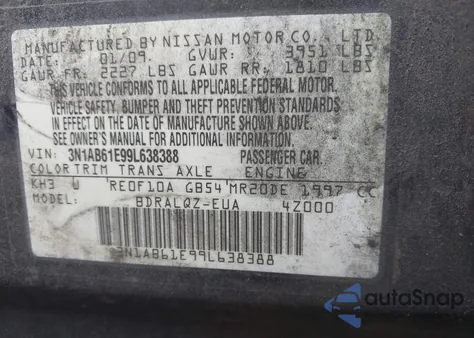 2009 Nissan Sentra 2.0 из США, поврежденный, VIN 3N1AB61E99L638388